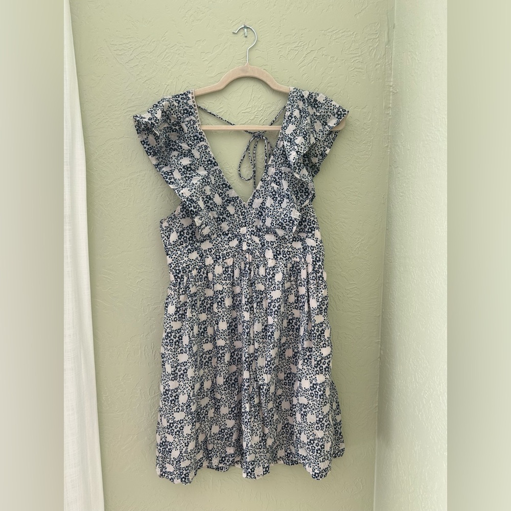 Anthropologie V-Neck Plunge Tunic Mini Dress Blue Motif Size Small